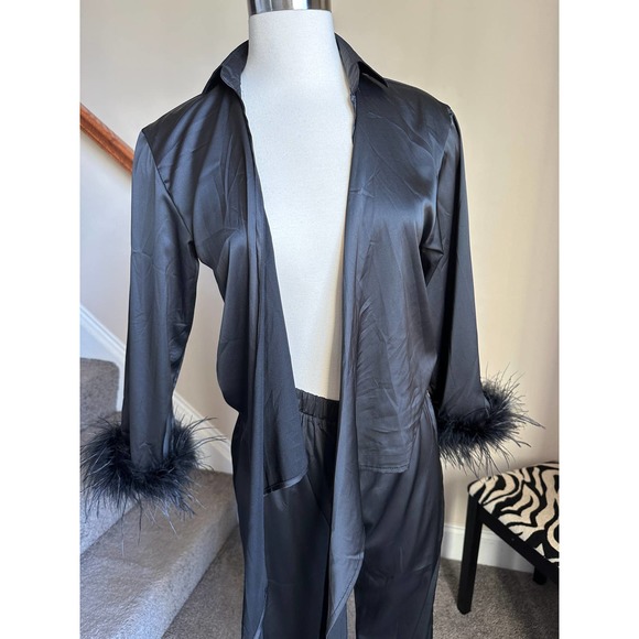 Black satin feather trim top and feather trim pants set (2 pcs) size small NWT - Picture 8 of 15